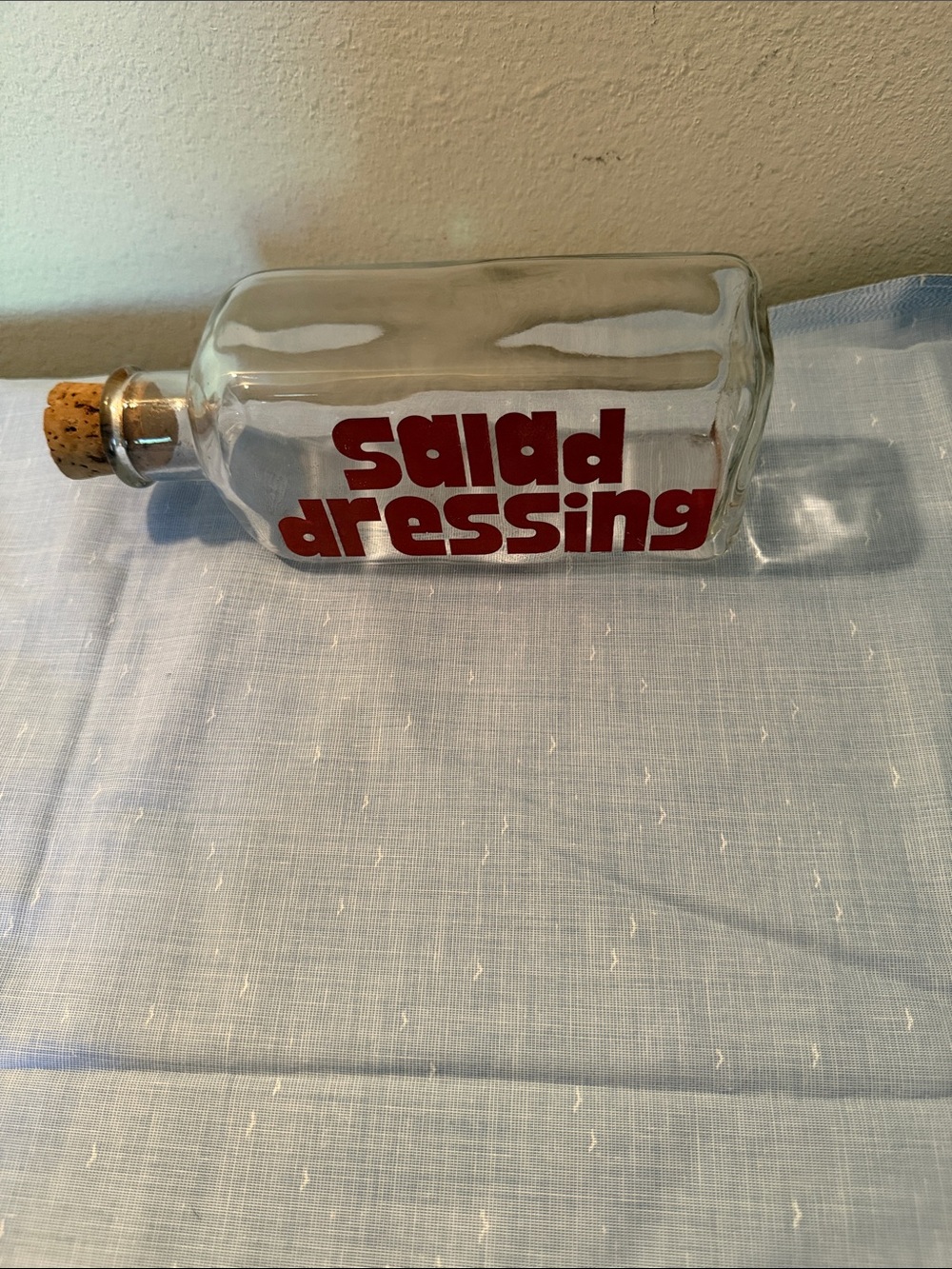 Glass Salad Dressing Bottle with Red Lettering and Cork Stopper